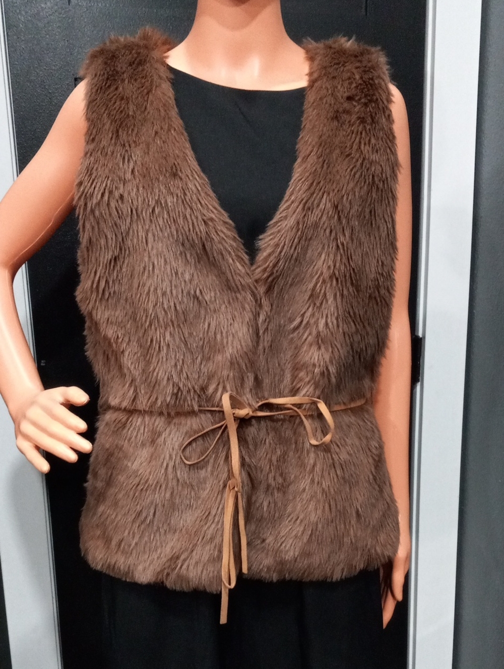 Love Tree Brown Faux Fur Vest with Tie Belt